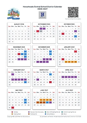 Printable Horseheads Central School District school calendar 2026-2027 by newyorkschools.us